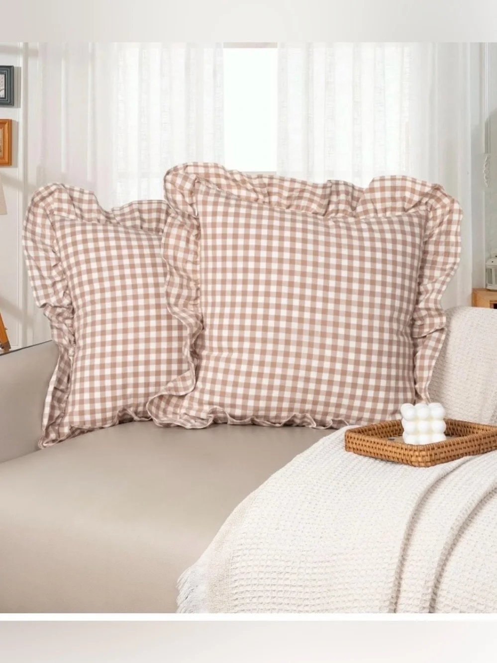 Farmhouse Gingham Ruffle Pillow Shams 100% Cotton SQUARE 18x18” (2-Pack)